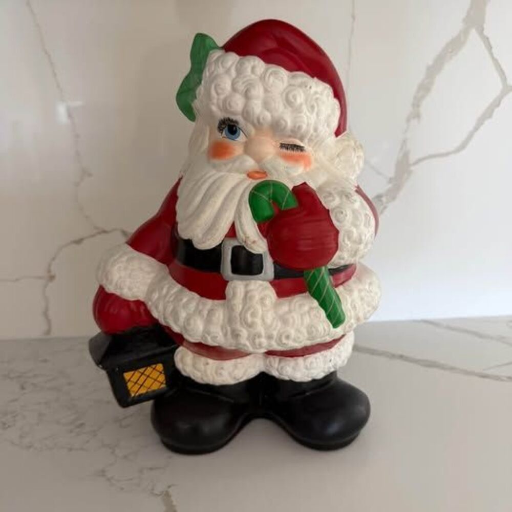 VINTAGE ATLANTIC MOLD WINKING SANTA HANDPAINTED CERAMIC, LANTERN, CANDY CANE